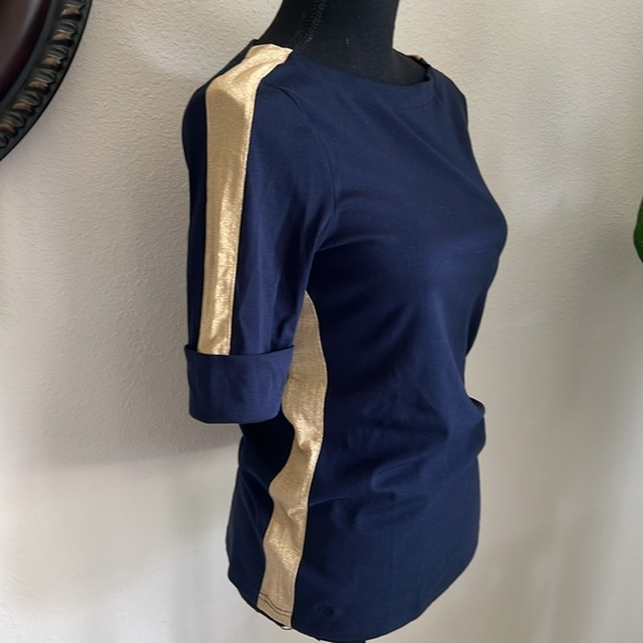 Ralph Lauren Women’s Two-Tone Stretch Cotton Elbow-Sleeve Tee Navy Blue Gold NWT - Picture 5 of 15